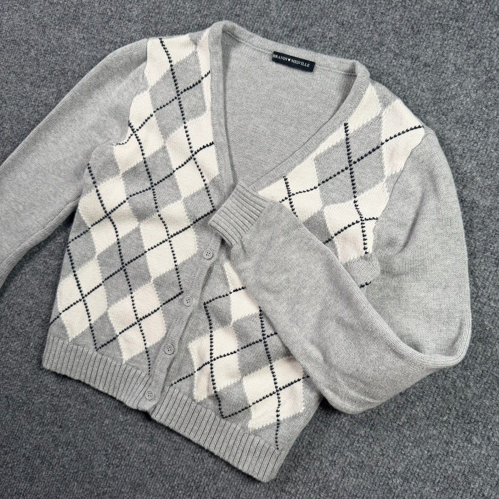 Brandy Melville Cardigan Womens One Size Grey Argyle V-Neck Cropped Knit Sweater